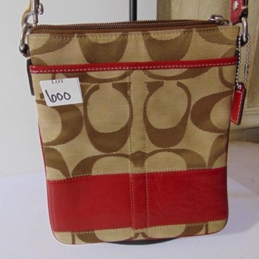 Coach Swingpack 7 x 8 Crossbody Khaki Brown Red Vinyl Stripe Handbag Purse Tote